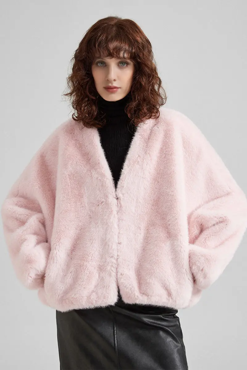 Cropped V-Neck Faux Fur Jacket - MIAOOOO