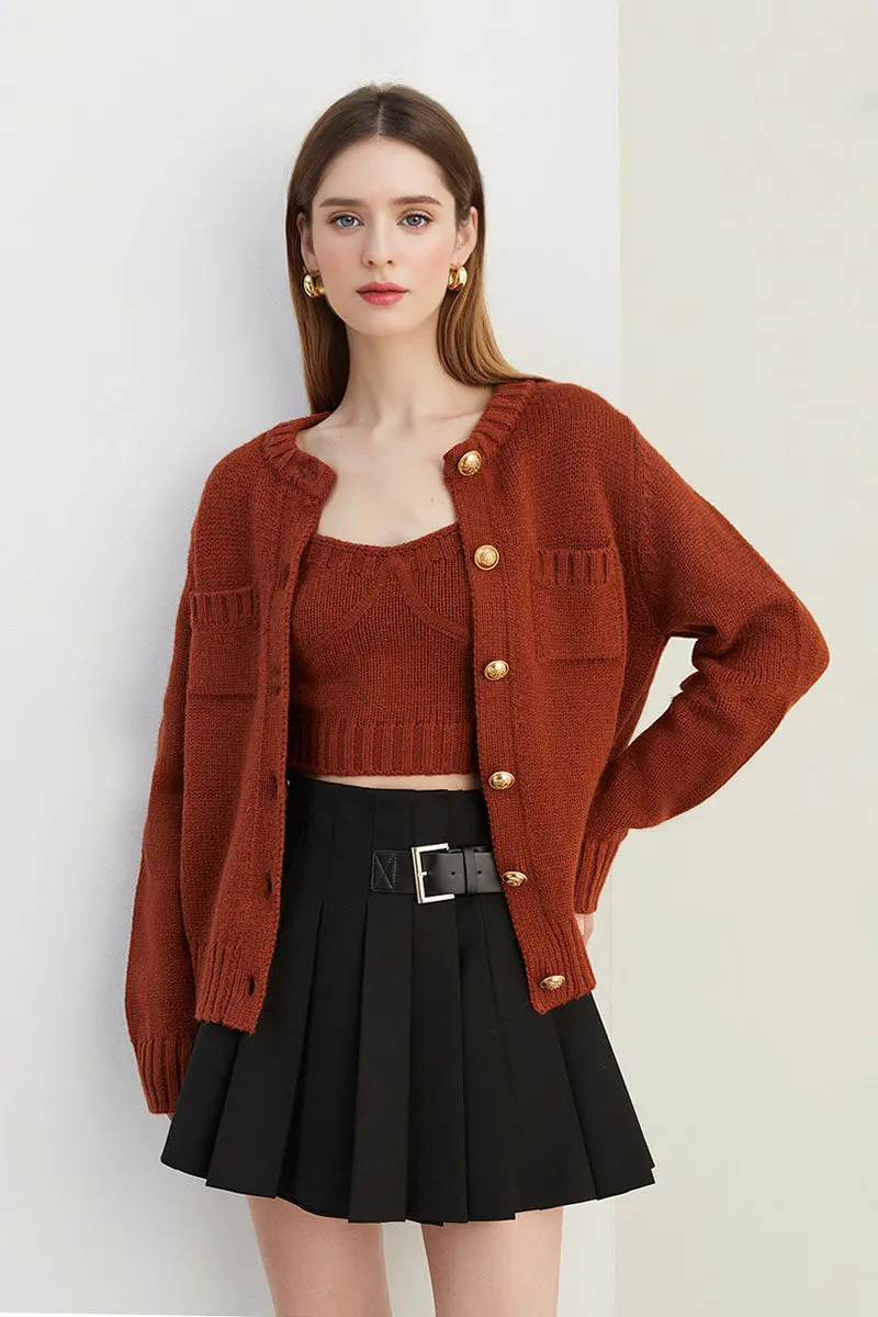 Gold Button Rib-Knit Crewneck Pocket Cardigan - MIAOOOO