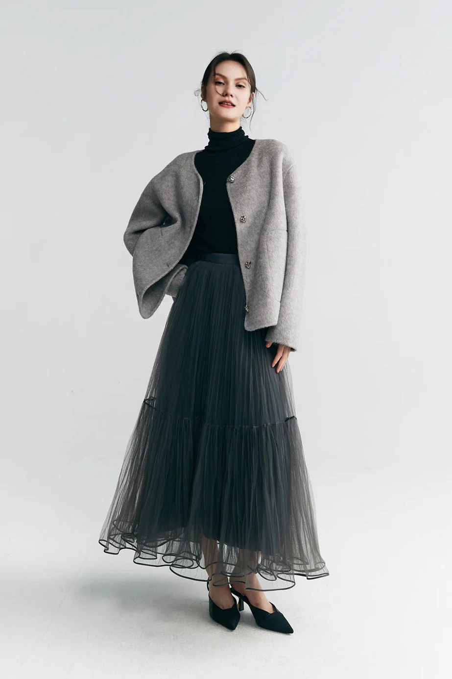 Silk Wool Blend Crewneck Cropped Jacket - MIAOOOO