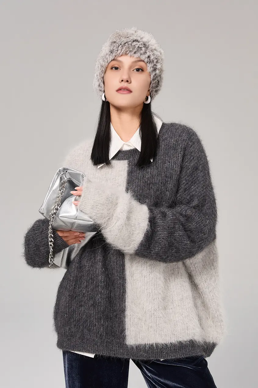 Oversized Color-Block Alpaca Crewneck Sweater - MIAOOOO