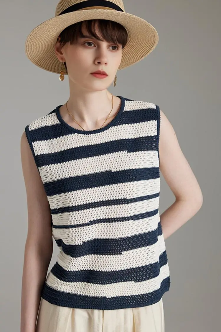 Asymmetric Striped Crochet Linen Vest - MIAOOOO