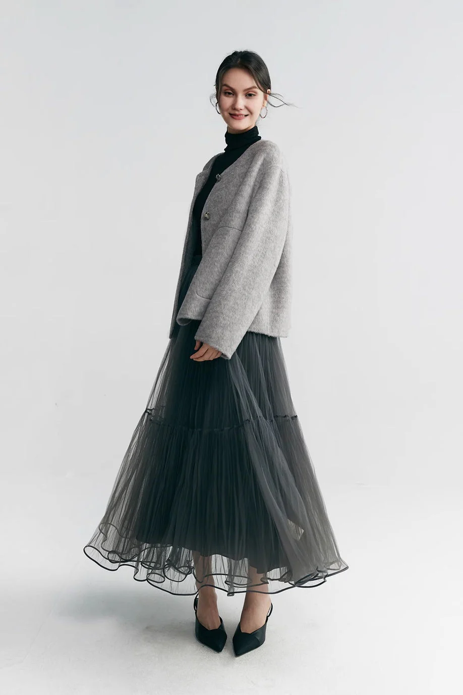 Silk Wool Blend Crewneck Cropped Jacket - MIAOOOO