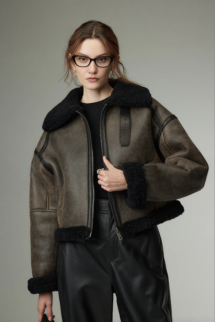 Distressed Shearling Collar Cropped Sheepskin Biker Jacket - MIAOOOO