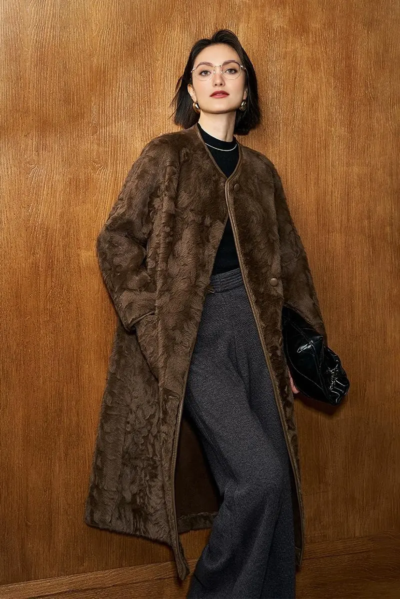Long Collarless Faux Shearling Coat - MIAOOOO