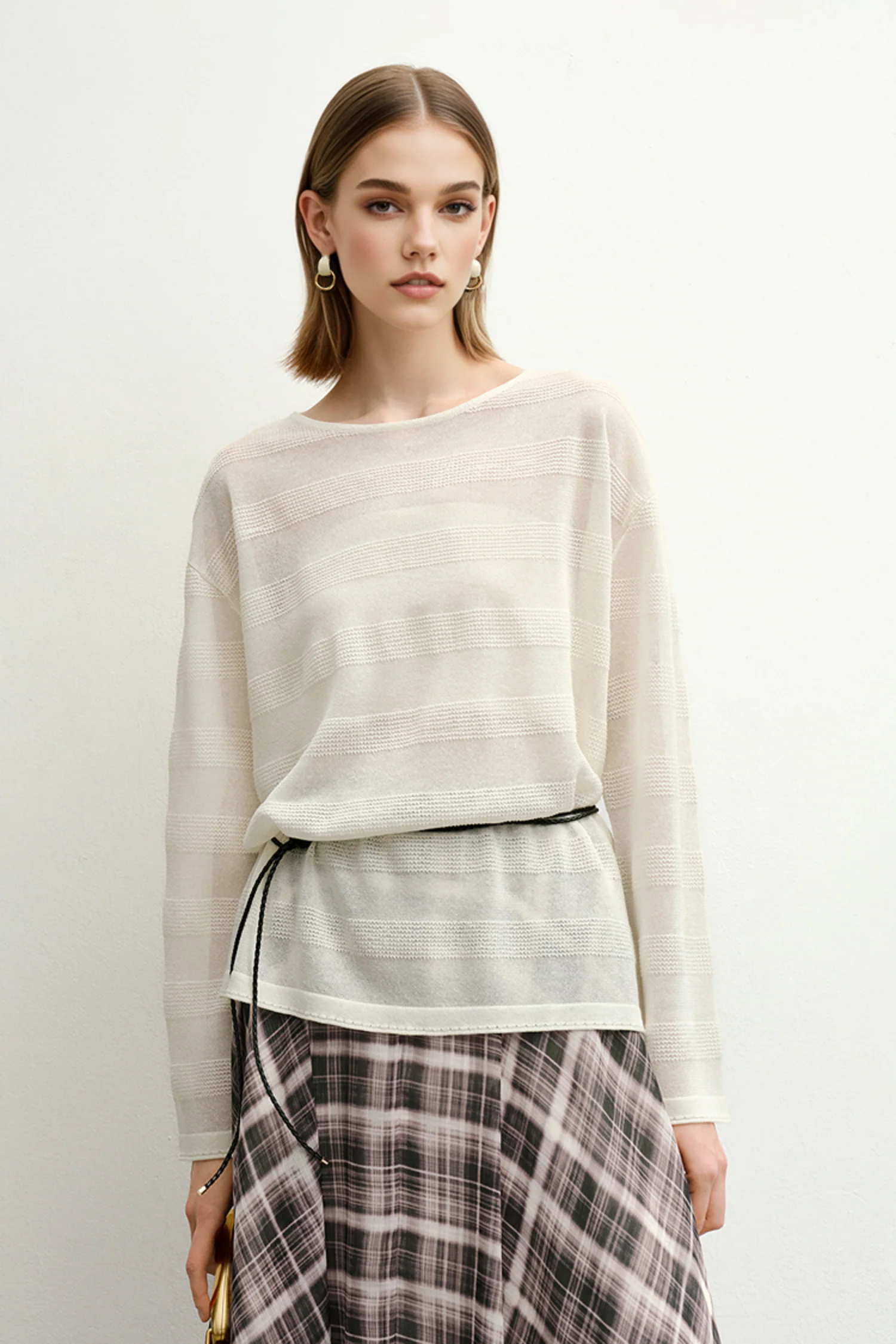 Loose Sheer Cotton-Linen Long-Sleeve Crew-Neck Striped T-Shirt - MIAOOOO