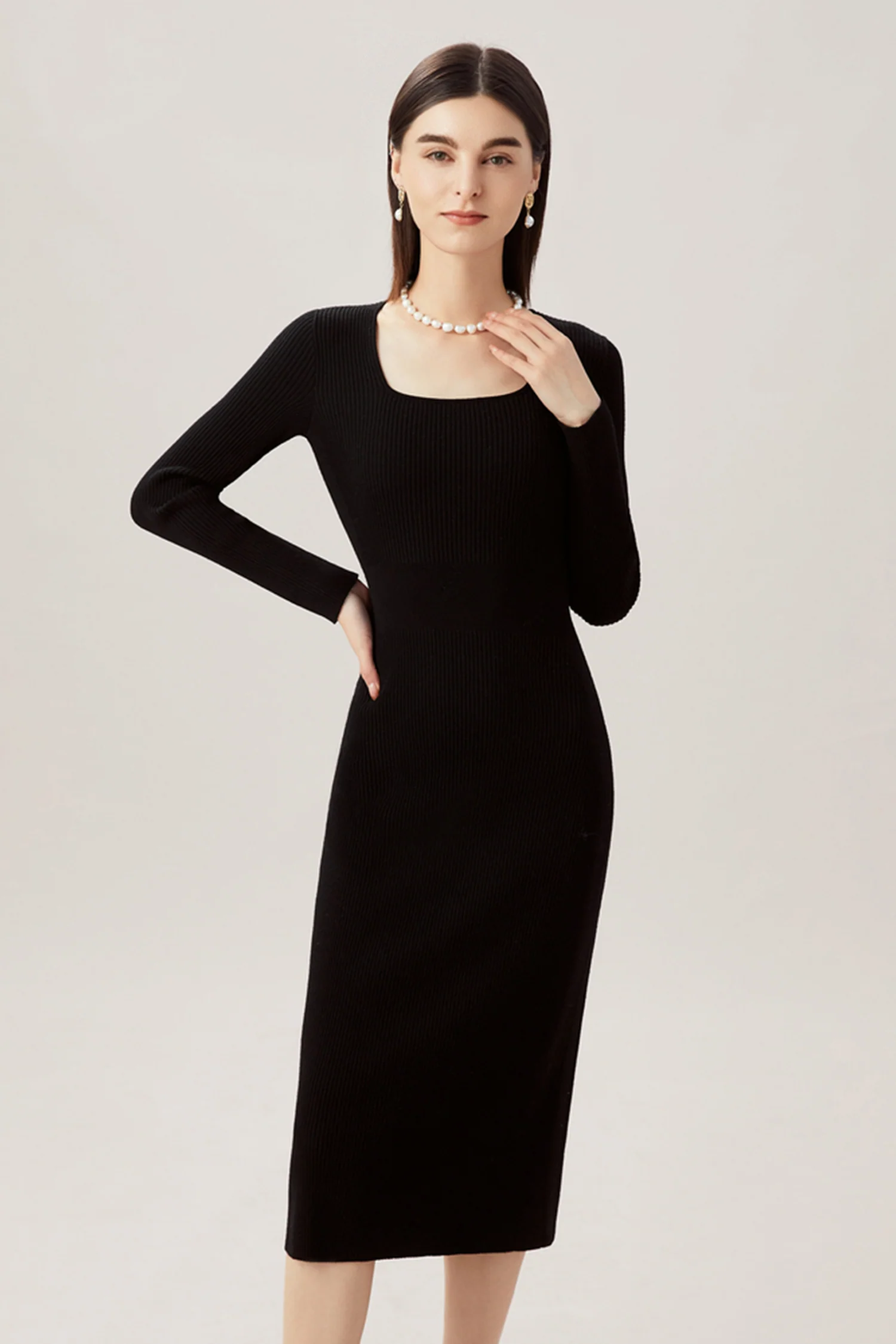 100% Merino Wool Long Sleeve Square-Neck Midi Sweater Dress - MIAOOOO