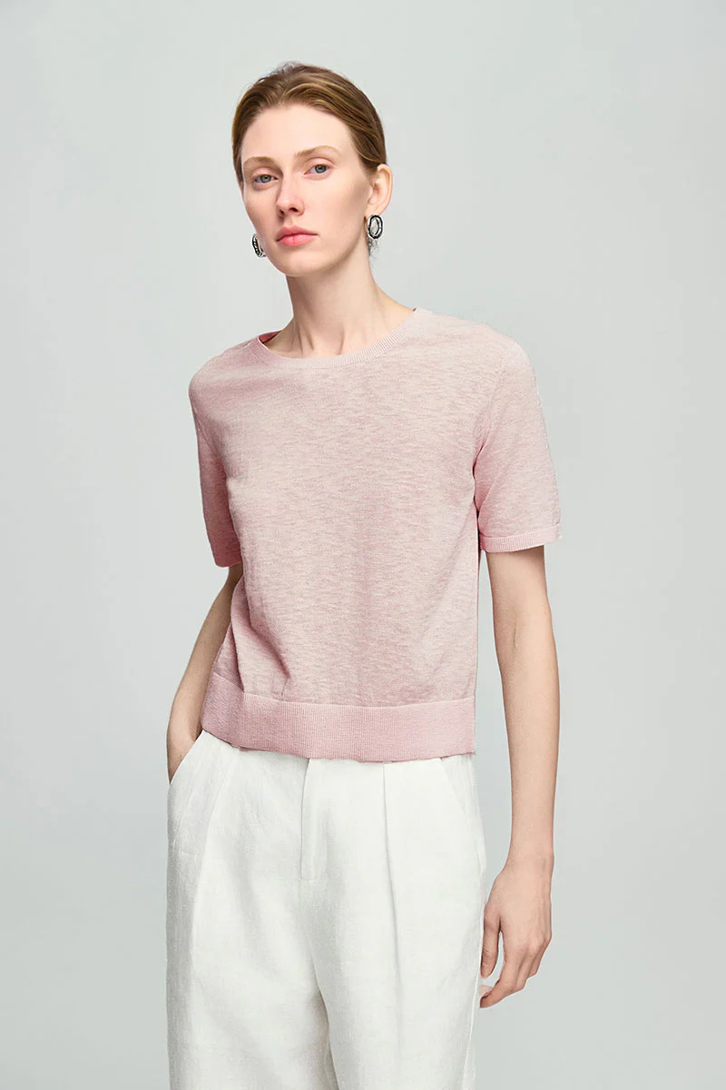 Relaxed Fit Cotton-Linen Short-Sleeve Crewneck T-Shirt with Ribbed Trims - MIAOOOO