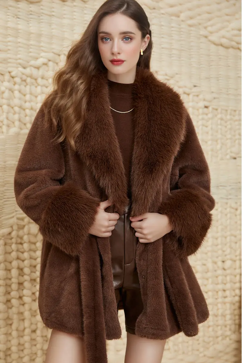 Elegant Belted Faux Fur Coat with Lapel Collar - MIAOOOO