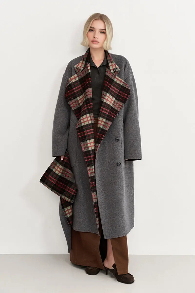 Reversible Double-Face Wool Blend Plaid Coat with Scarf - MIAOOOO