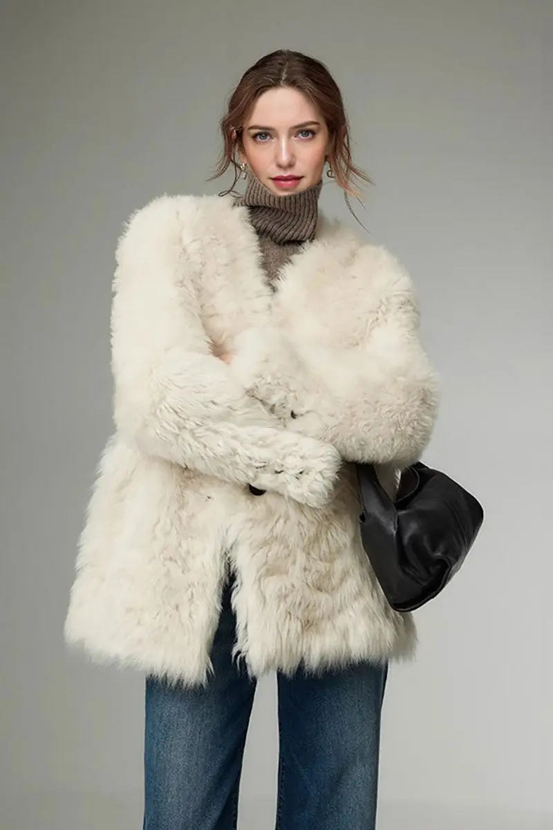 Mid-length Collarless V Neck Toscana Shearling Coat - MIAOOOO