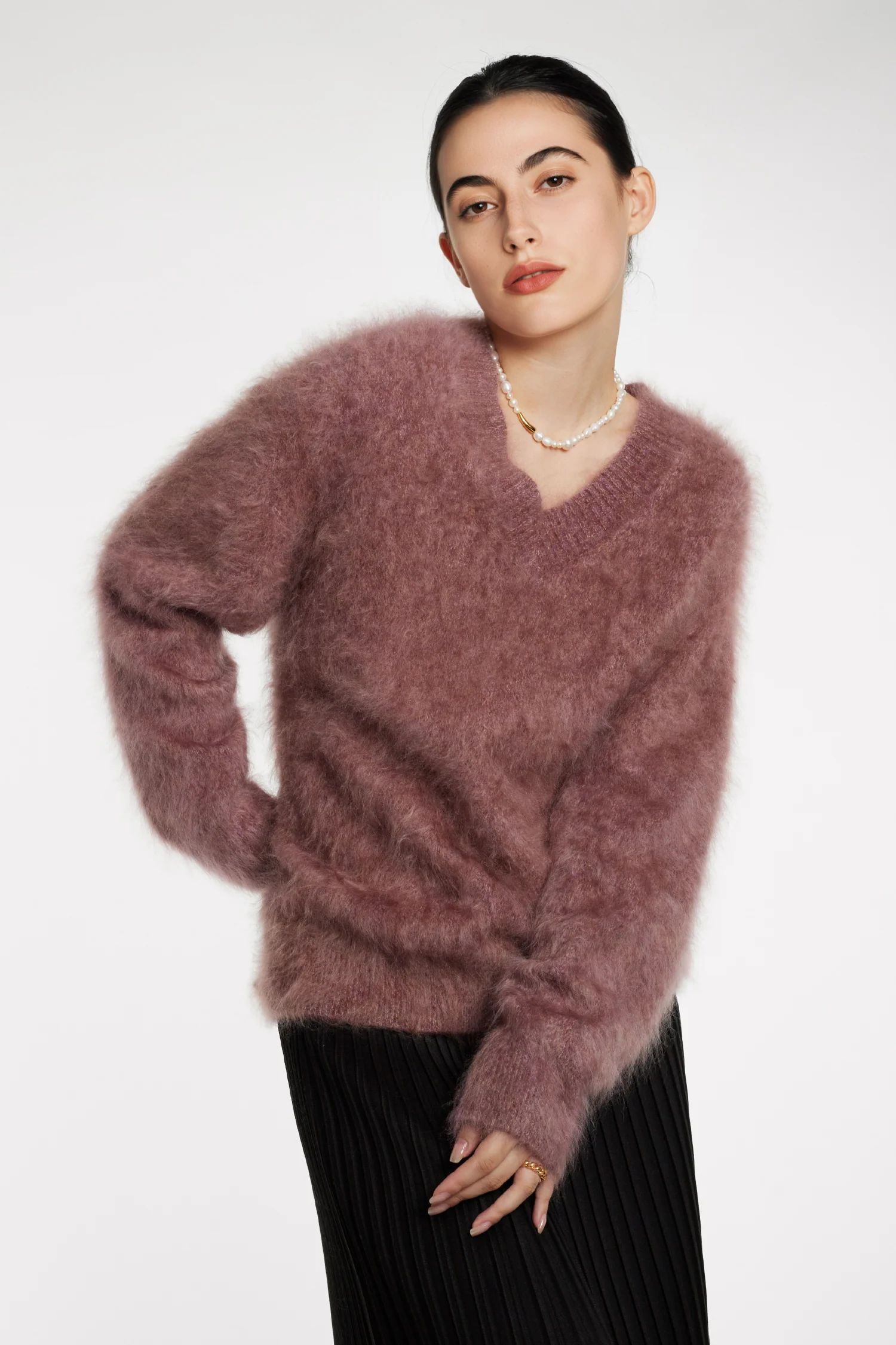 Luxe Brushed Cashmere Marled V-Neck Sweater - MIAOOOO