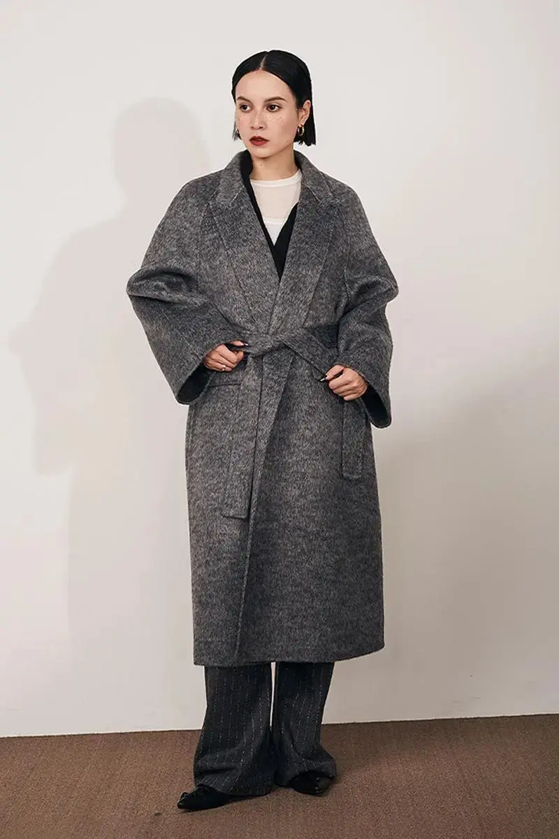Long Wool Silk Blend Wrap Coat with Notched Lapel - MIAOOOO