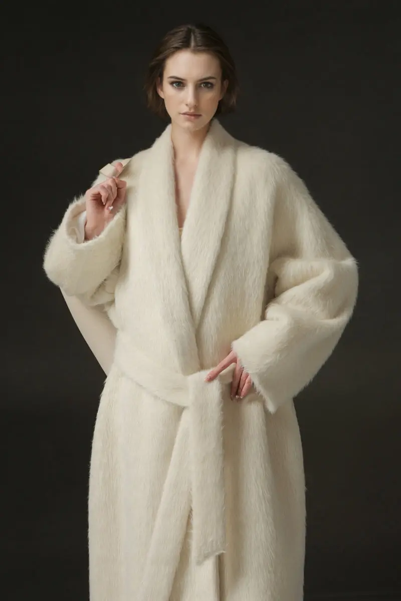 100 Peru Suri Alpaca Wool Shawl Collar Long Wrap Coat with Belt - MIAOOOO