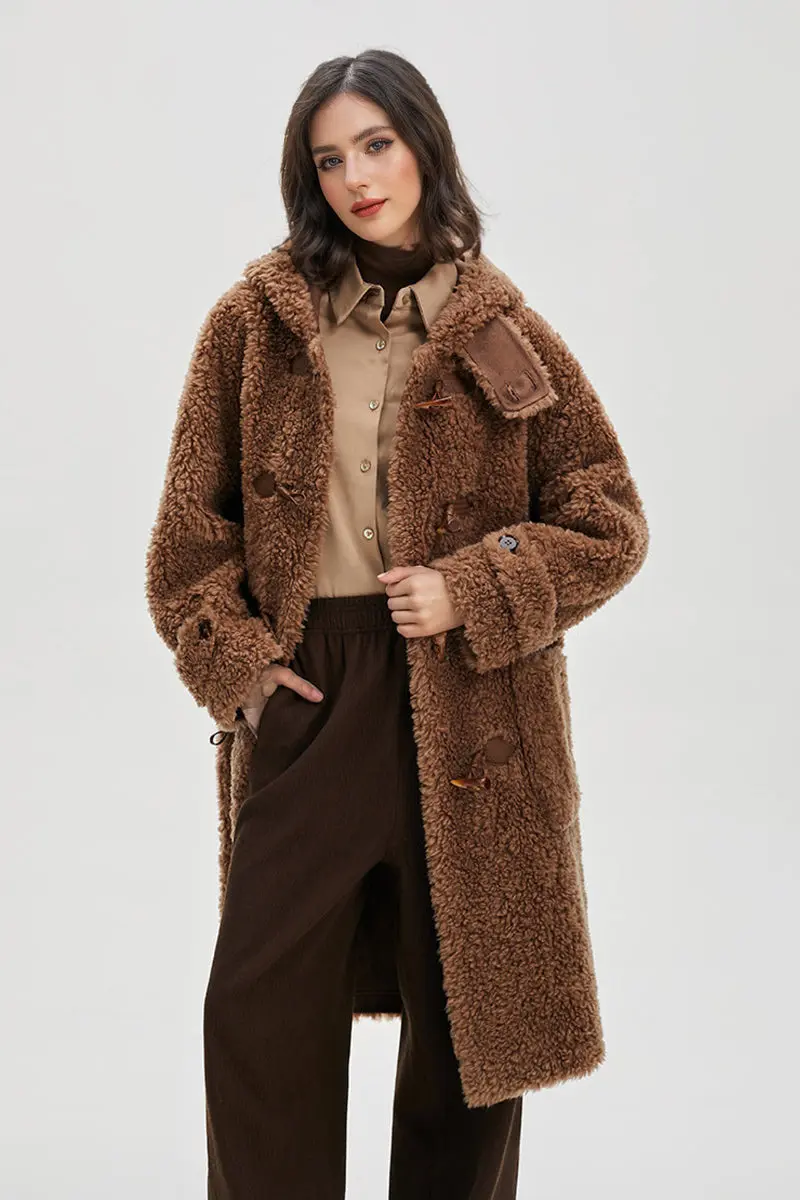 Genuine Shearling & Faux Suede Teddy Toggle Coat with Hood - MIAOOOO