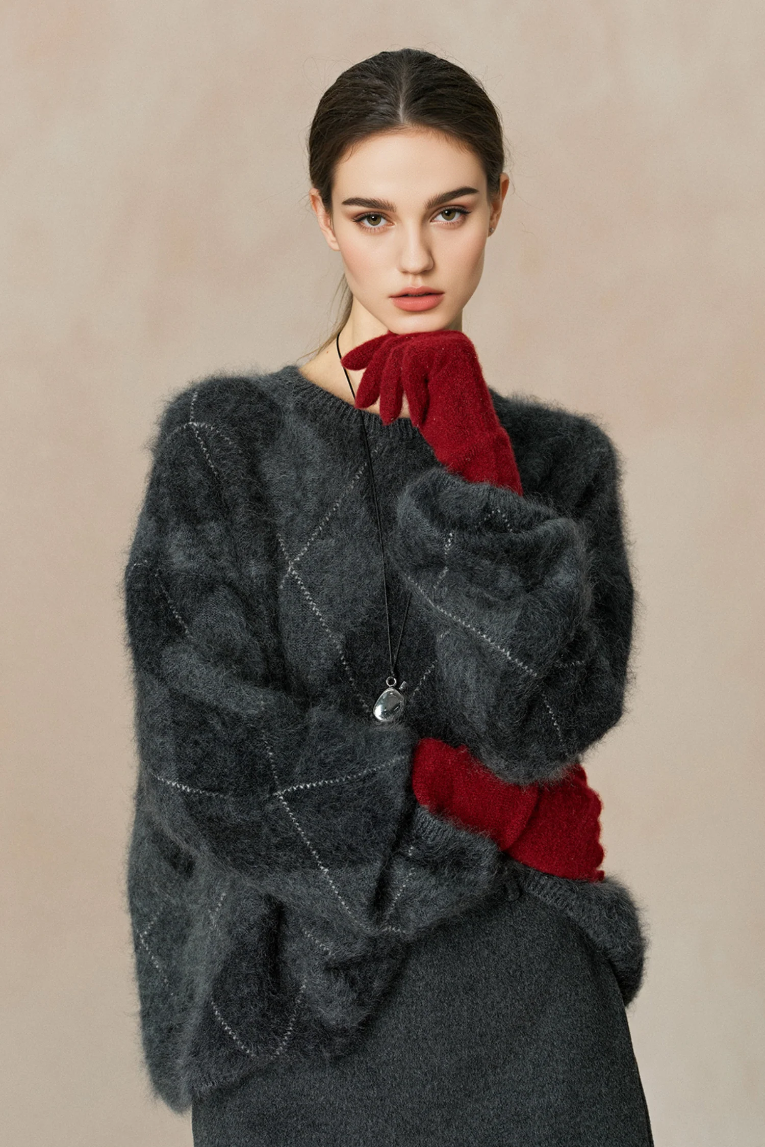 Chunky Brushed Cashmere Argyle Crewneck Sweater - MIAOOOO