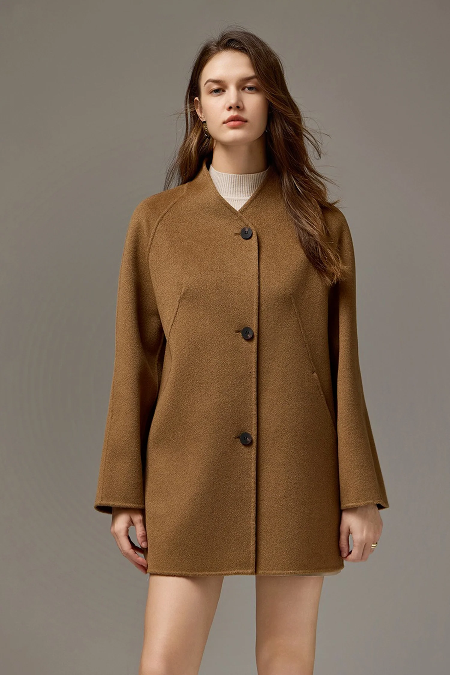 Collarless Silk-Wool Double-Faced Midi Coat - MIAOOOO