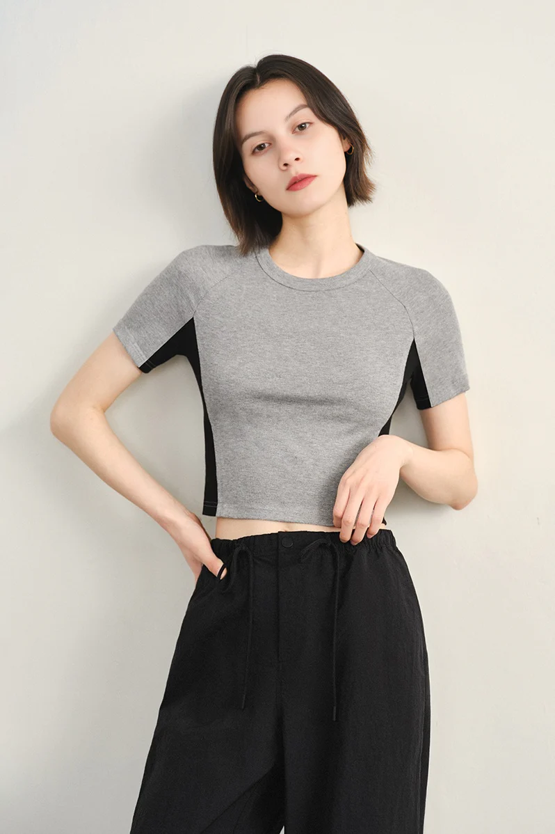 Stretchy Ribbed Crewneck Colorblock Cropped T Shirt - MIAOOOO