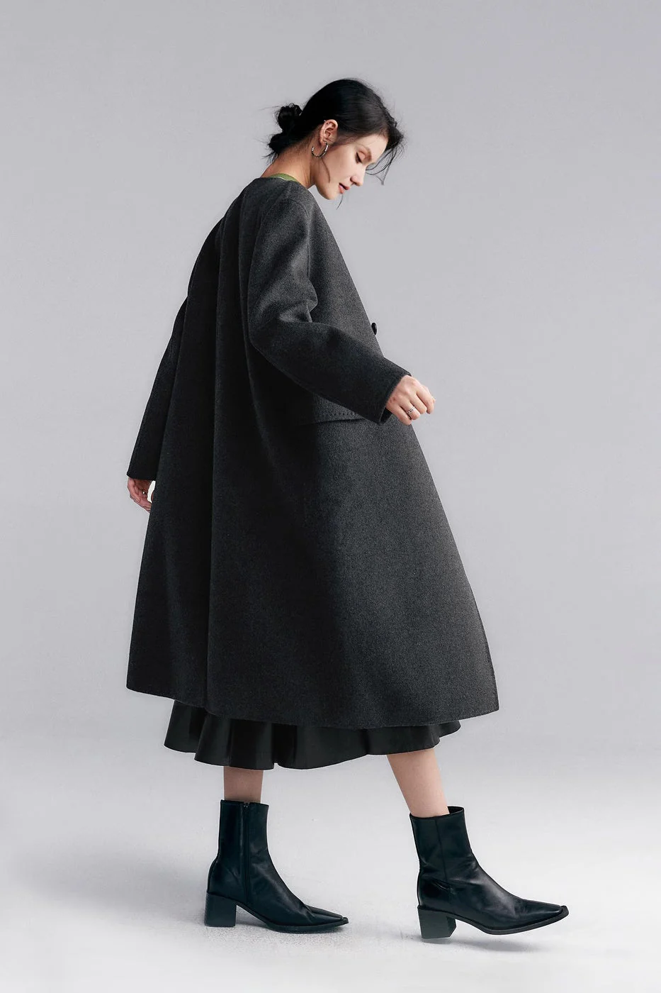 Grey Collarless Double Breasted Wool Cashmere Coat - MIAOOOO