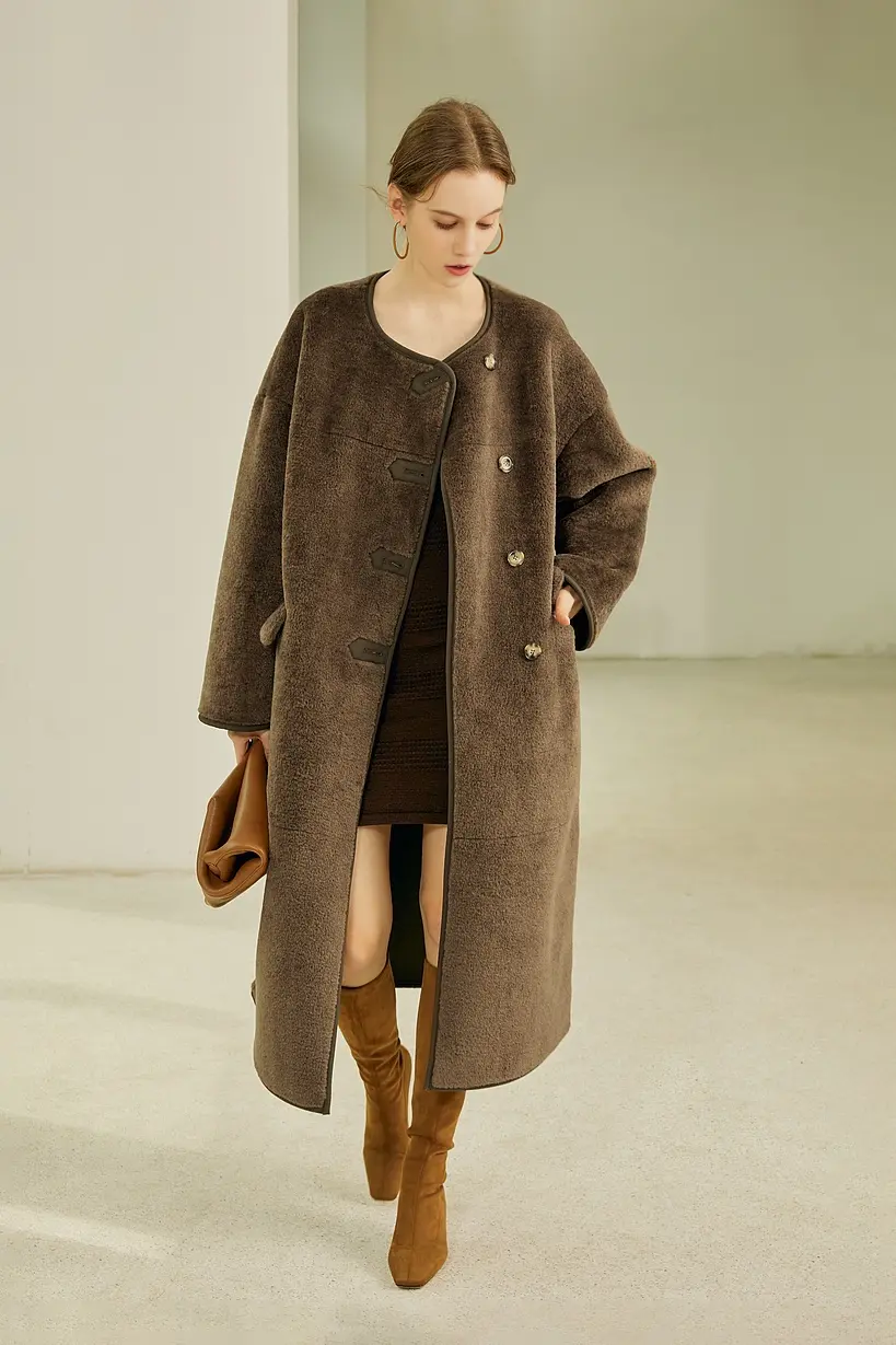 Collarless Faux Leather Lined Sleek Long Sherpa Coat - MIAOOOO
