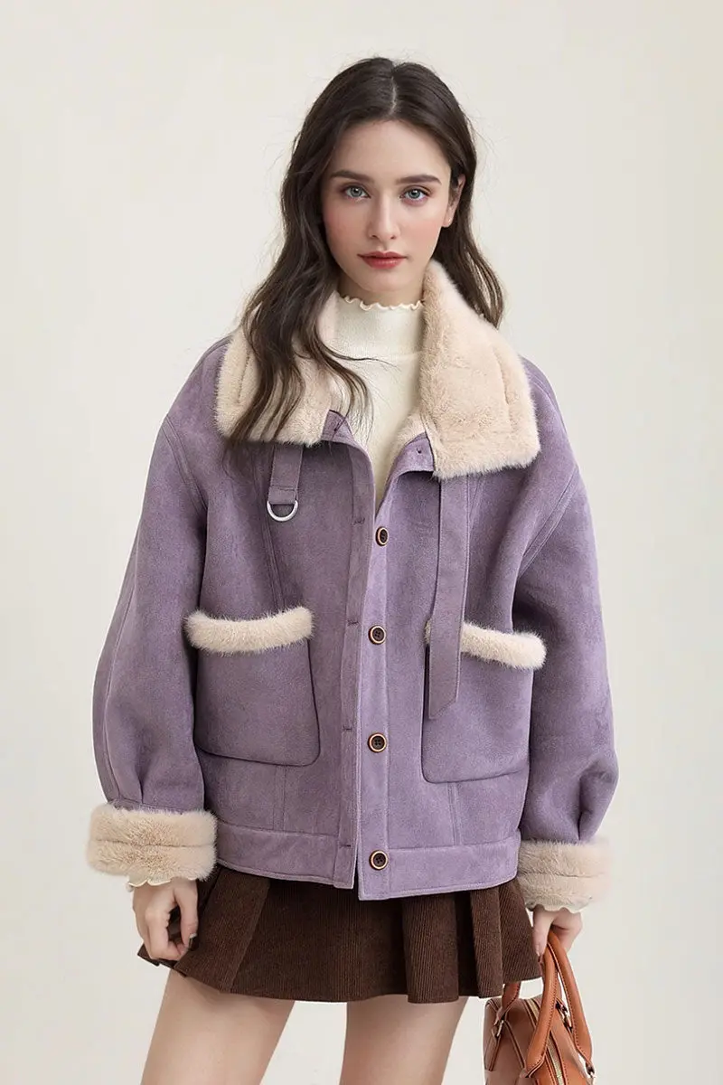 Faux Shearling Stand Collar Aviator Jacket - MIAOOOO