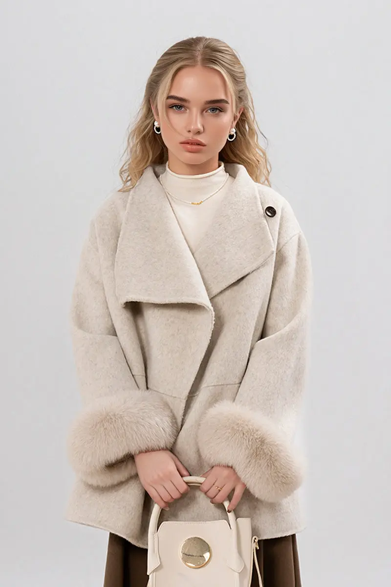 Elegant Double-Faced Wool Coat with Real Fox Fur Cuffs - MIAOOOO