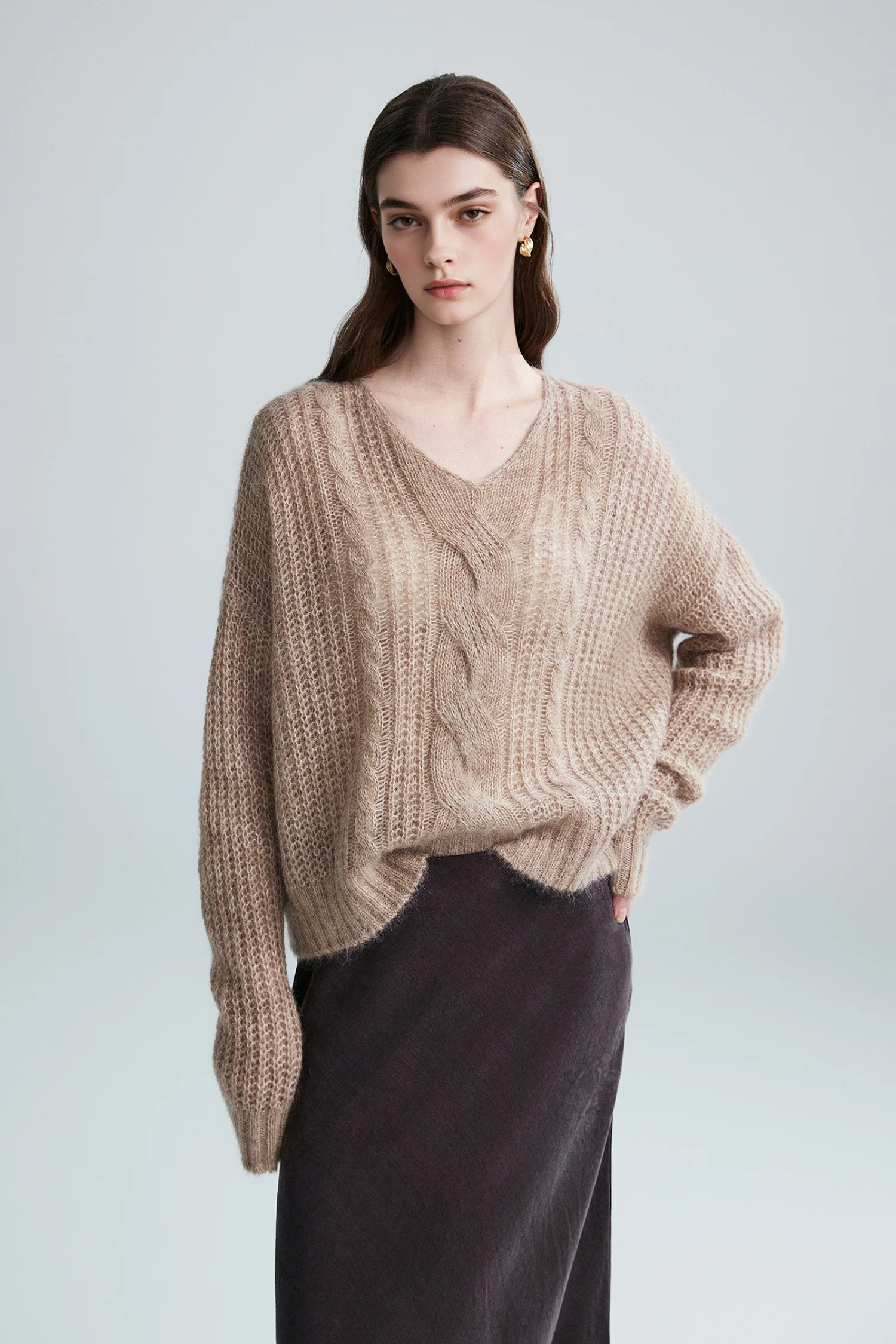 Oversized Mohair-Wool Open Knit V-Neck Cable Sweater - MIAOOOO