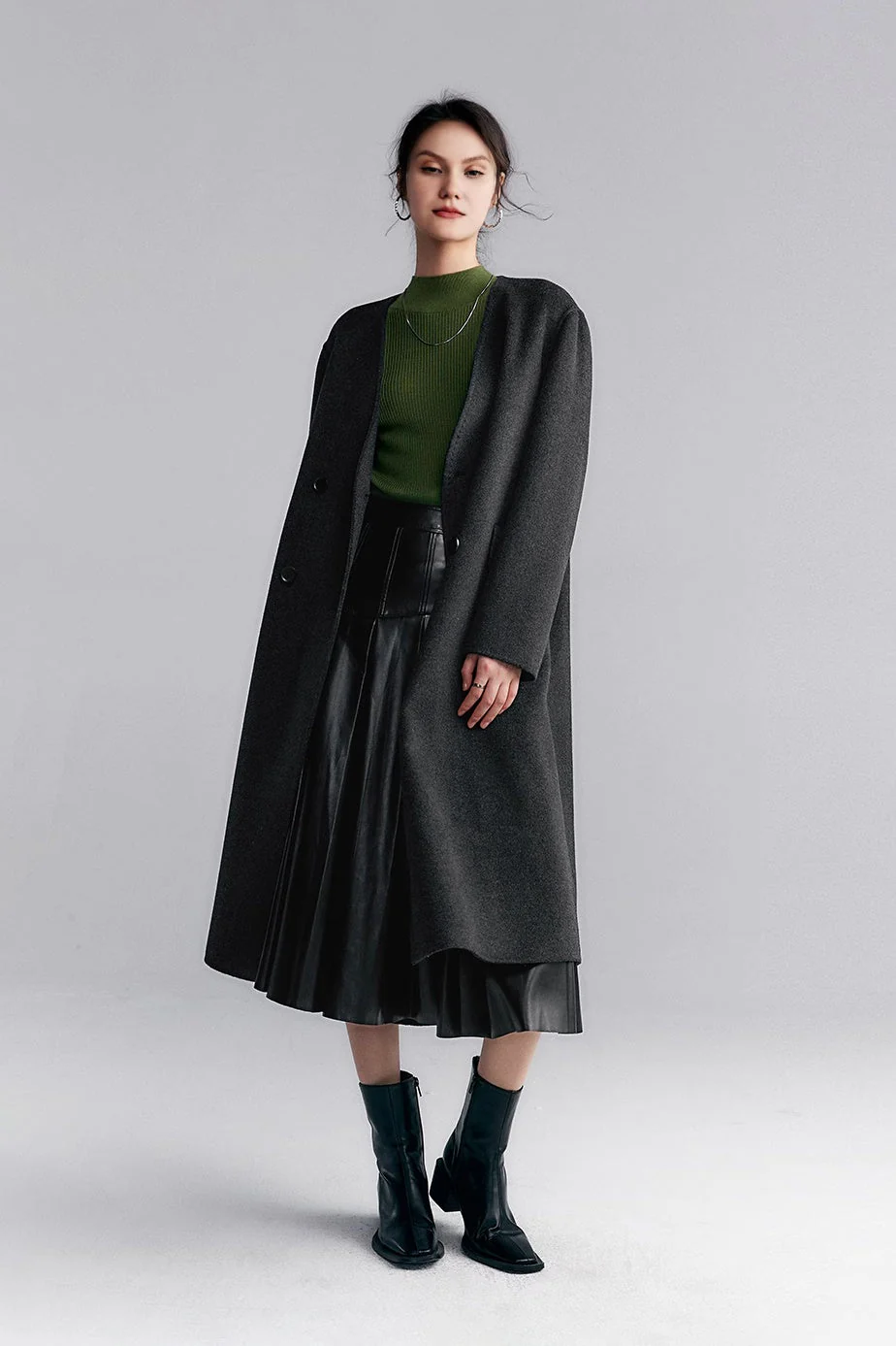 Grey Collarless Double Breasted Wool Cashmere Coat - MIAOOOO