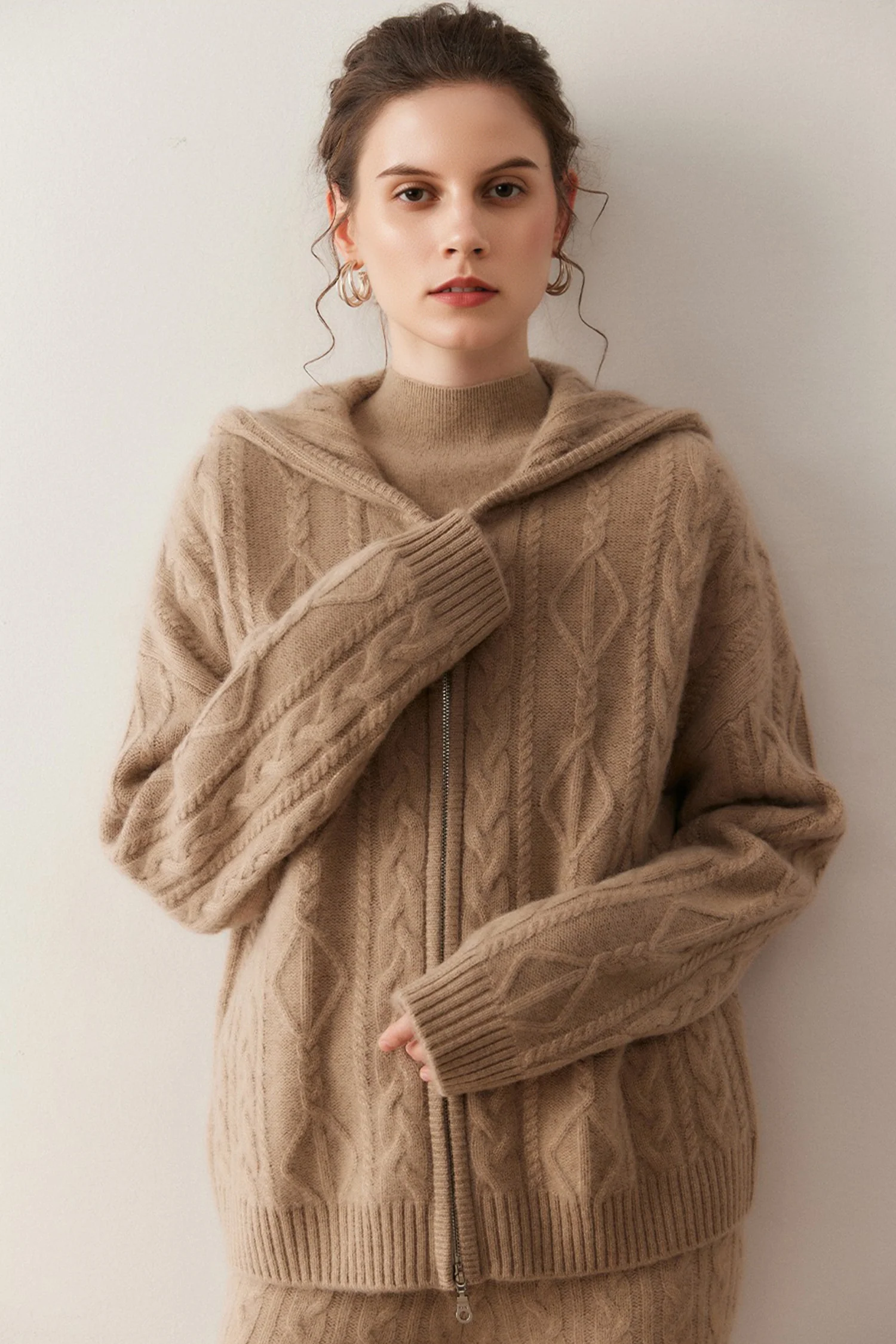 Chunky Cashmere-Merino Cable Knit Hooded Cardigan - MIAOOOO
