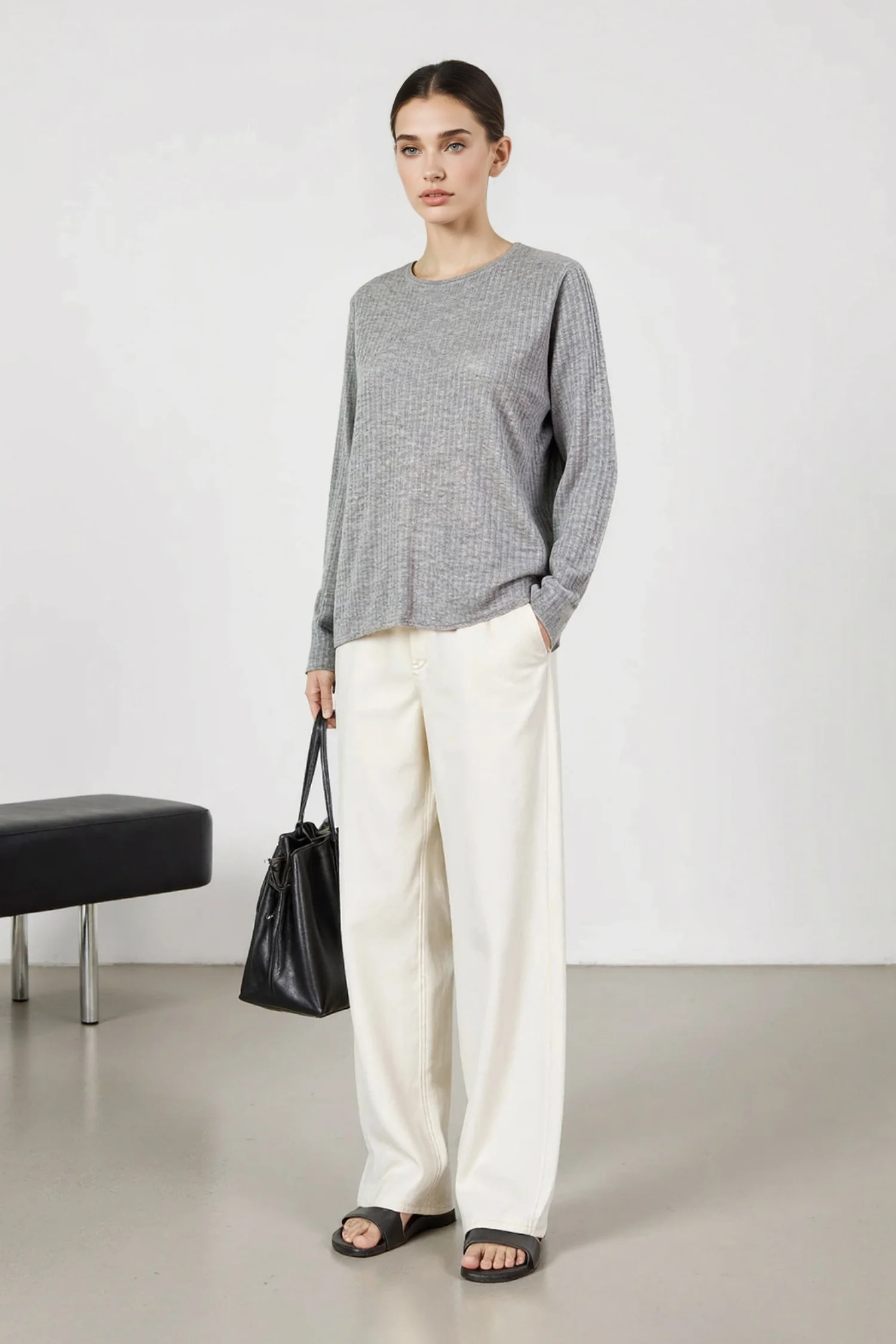 Lightweight Wool Blend Crewneck Ribbed Sweater - MIAOOOO