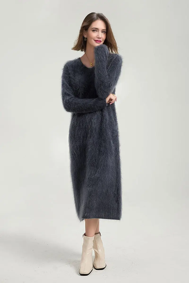 Classic Brushed Cashmere V-Neck Long Sleeve Sweater Dress - MIAOOOO