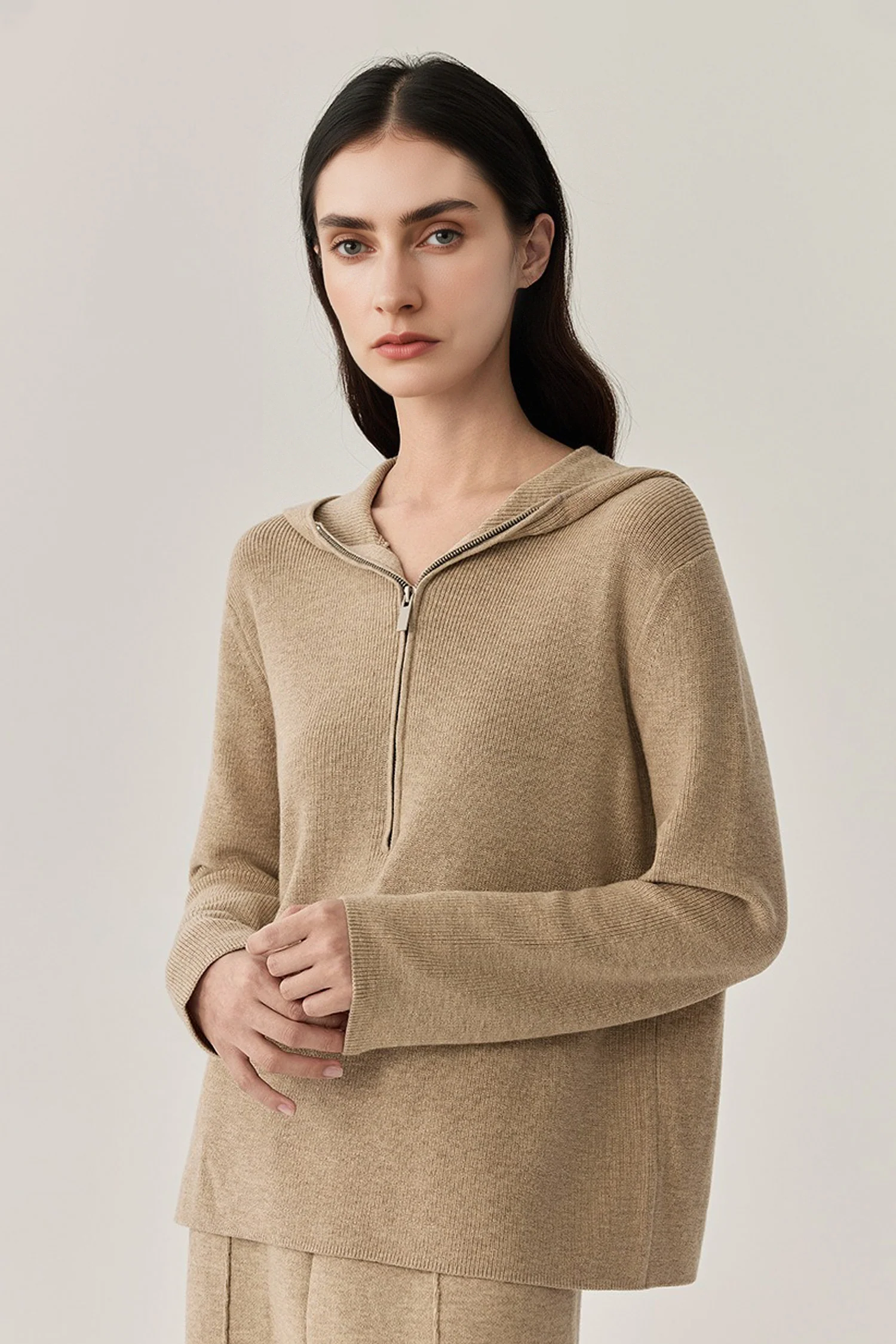 Ultrasoft Washable Merino Wool Half-Zip Sweater Hoodie - MIAOOOO