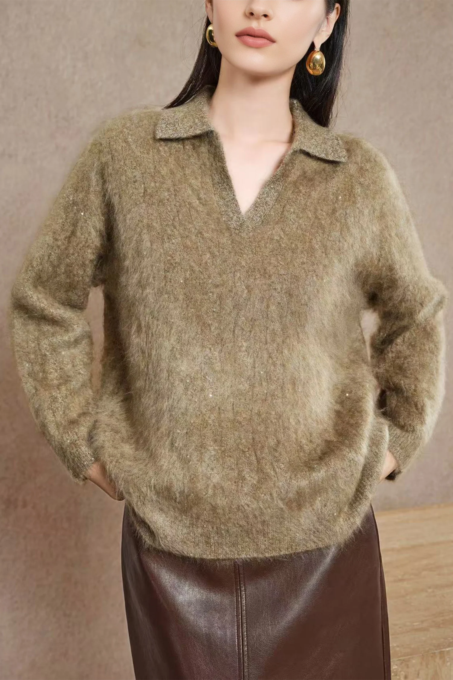 Brushed Cashmere Sequin Cable Polo Sweater in Top-Tier Italian Yarn - MIAOOOO