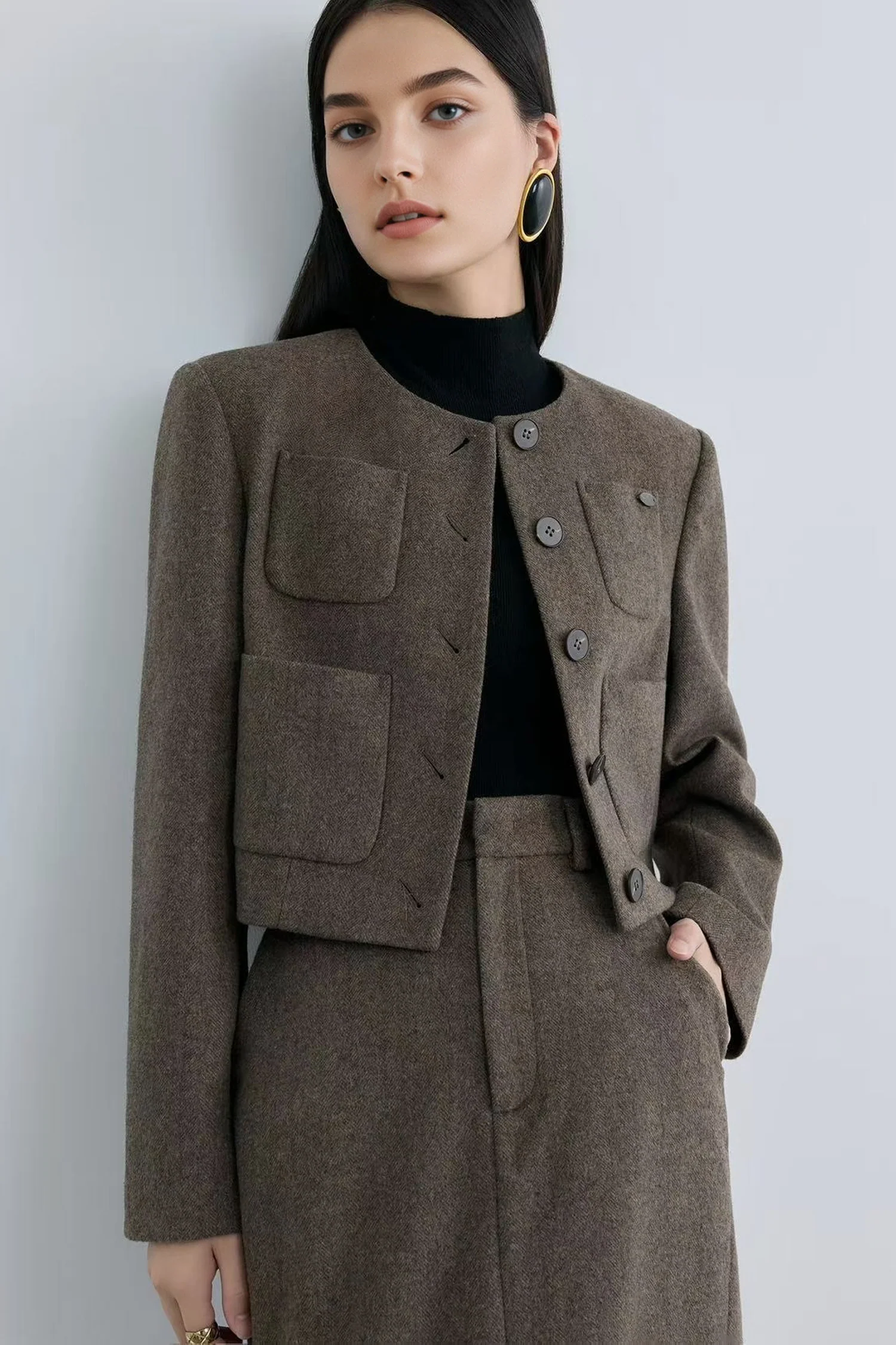 Cropped Herringbone Cashmere-Wool Flannel Jacket - MIAOOOO