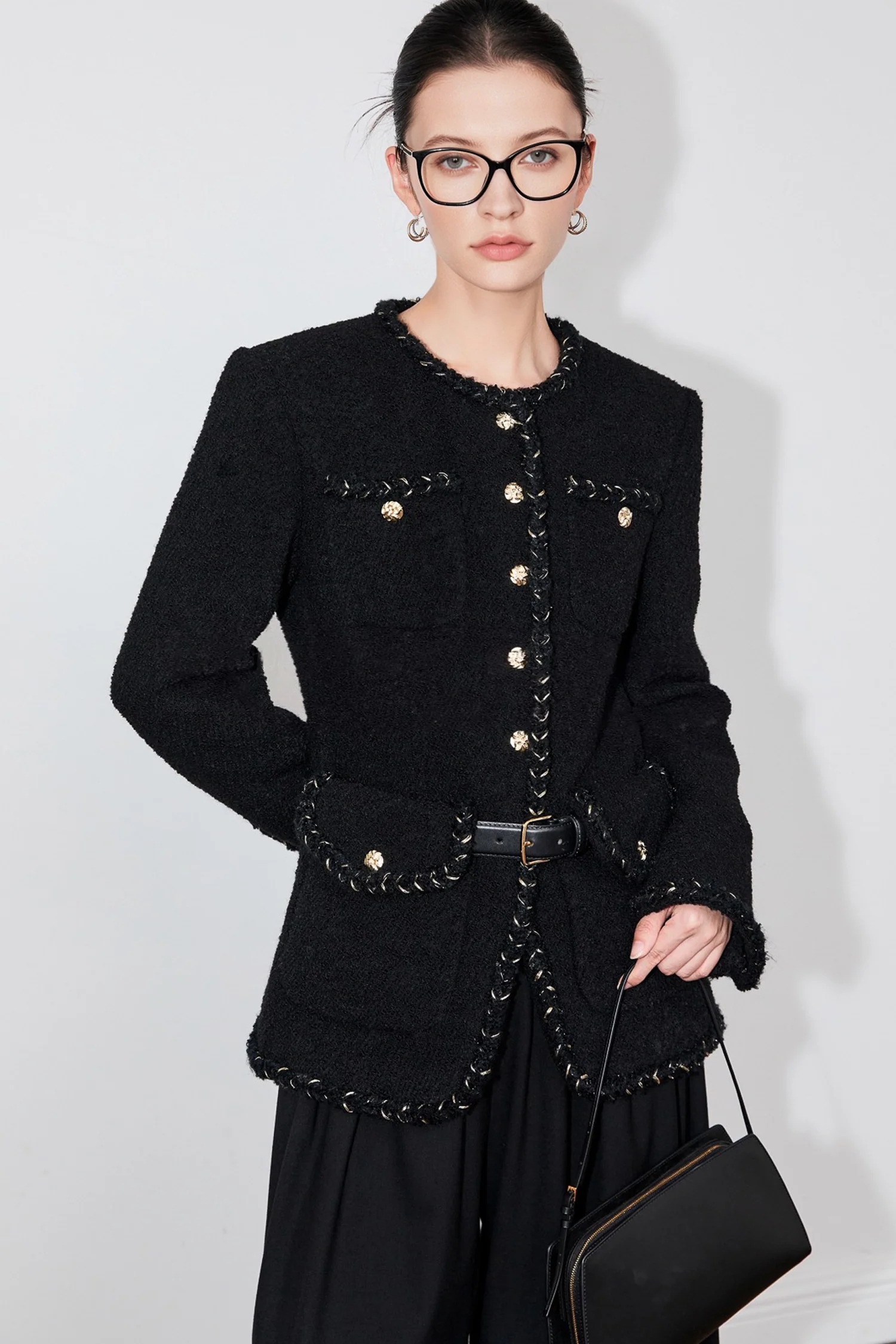 Chic Wool Tweed Braided-Trim Belted Jacket - MIAOOOO