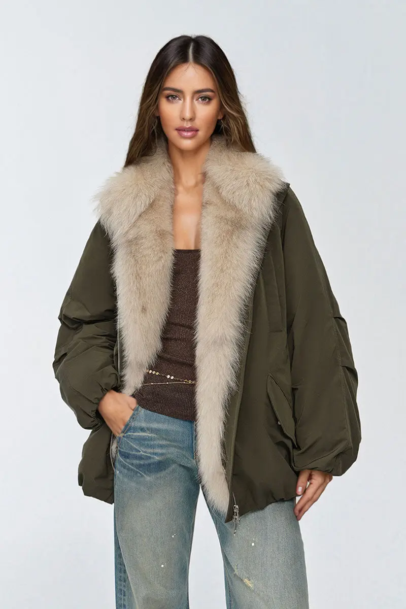 Oversized Water Repellent Puffer Bomber Coat with Fox Fur Collar - MIAOOOO