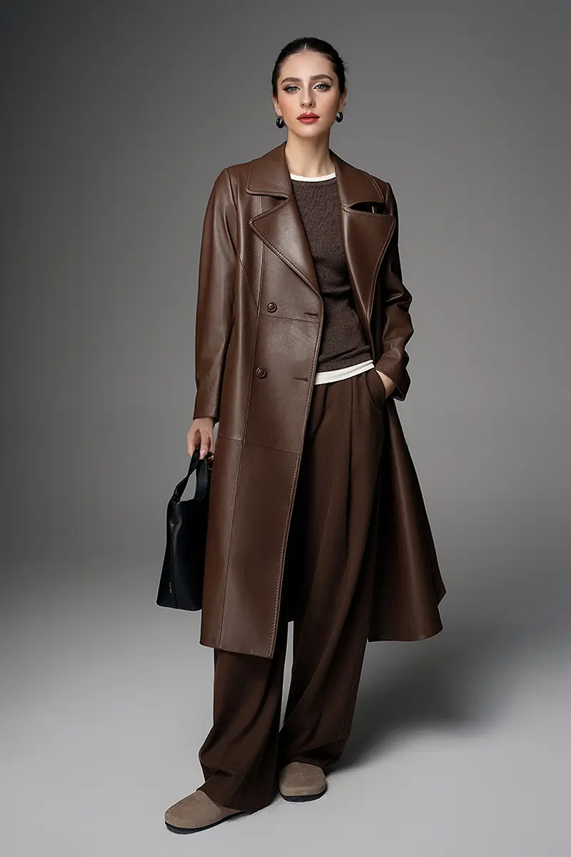 New Zealand Lambskin Leather Double Breasted Trench Coat with Belt - MIAOOOO