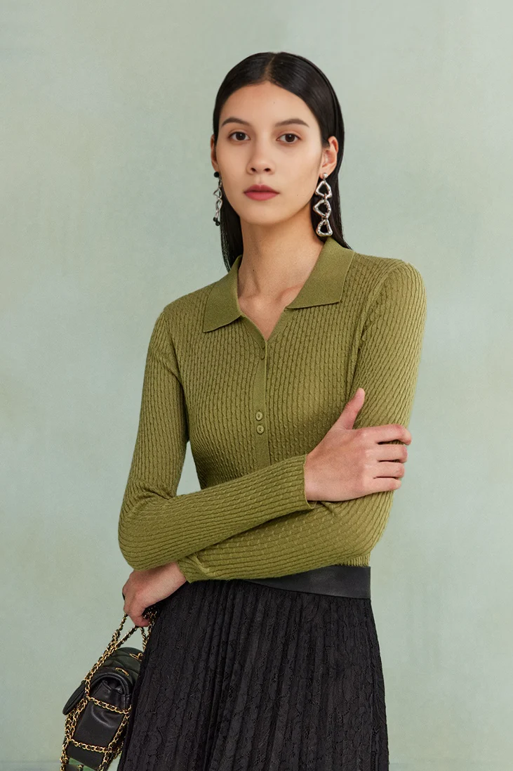 Wool Blend Open Front Long Sleeve Polo Cardigan - MIAOOOO