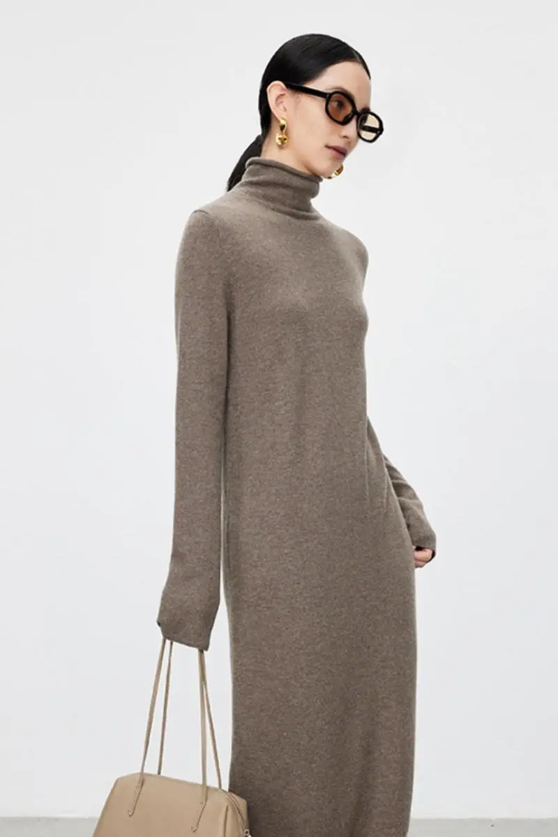 100 Wool Long Sleeve Crewneck Maxi Sweater Dress - MIAOOOO