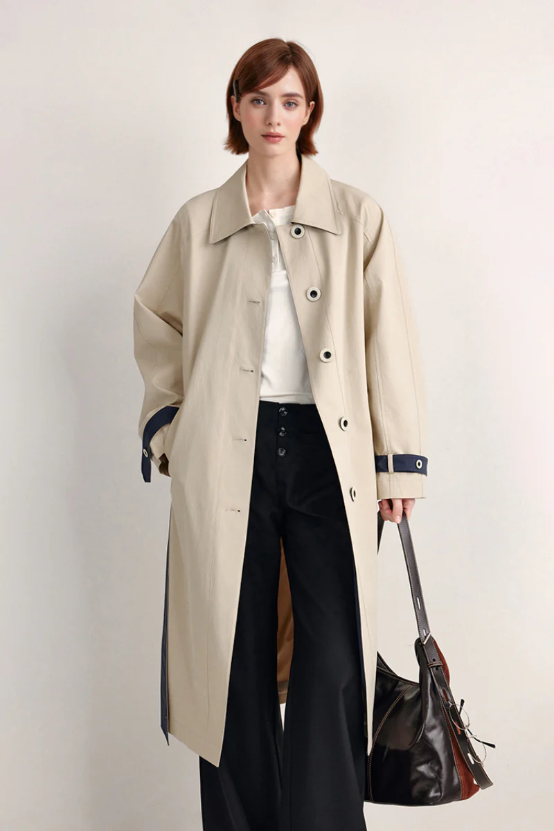 Long Organic Cotton-Blend Color-Block Belted Trench Coat - MIAOOOO