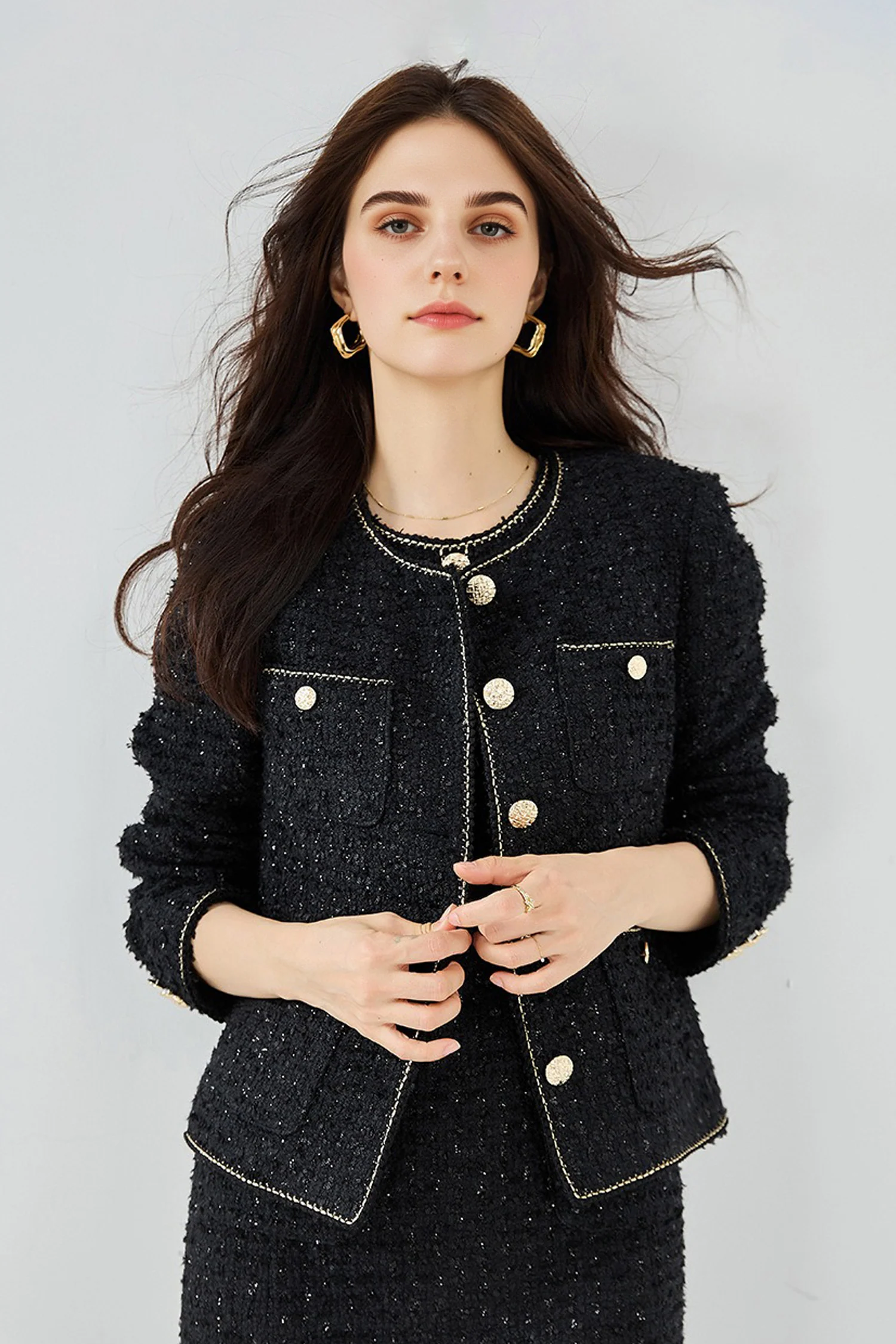 Black Wool Blend Collarless Cropped Tweed Jacket - MIAOOOO