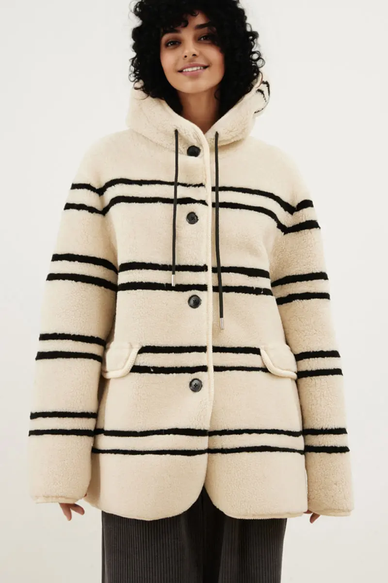 Oversized Striped Merino Sheepskin Shearling Coat with Hood - MIAOOOO