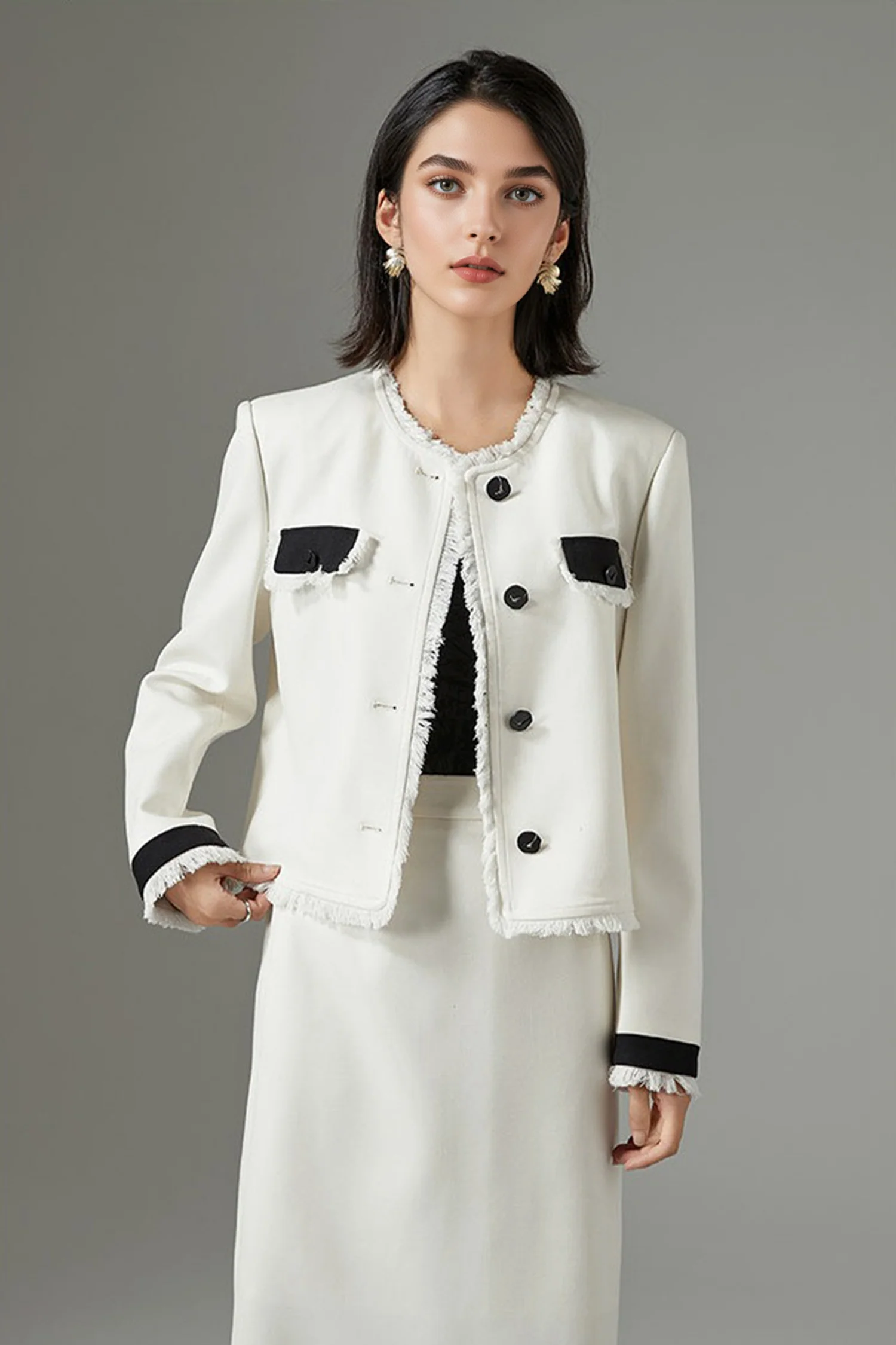 Cropped Wool-Blend Contrast-Trim Fringe Jacket - MIAOOOO