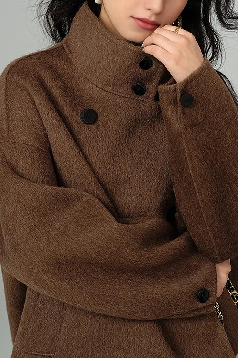 Cropped Funnel Neck Wool Coat - MIAOOOO