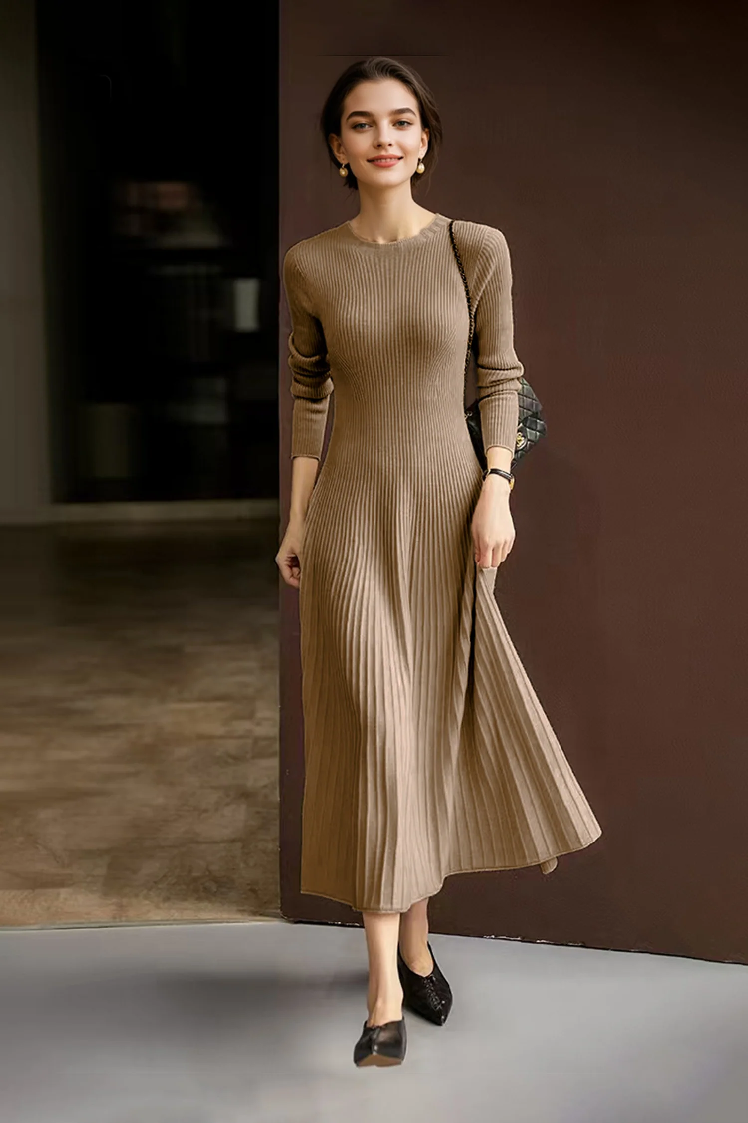 100% Wool Long Sleeve Crewneck Midi Sweater Dress - MIAOOOO