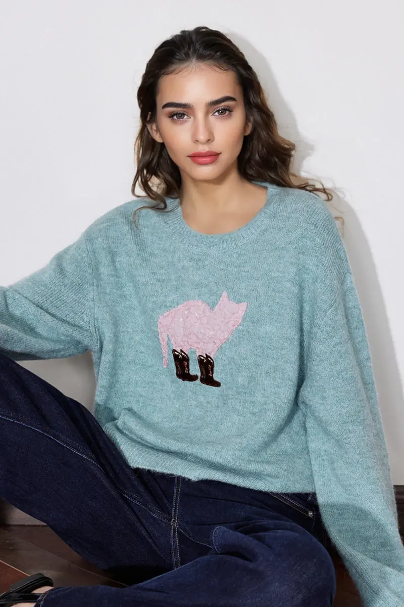 Cute Wool Blend Crewneck Pullover Sweater with Puss in Boots - MIAOOOO