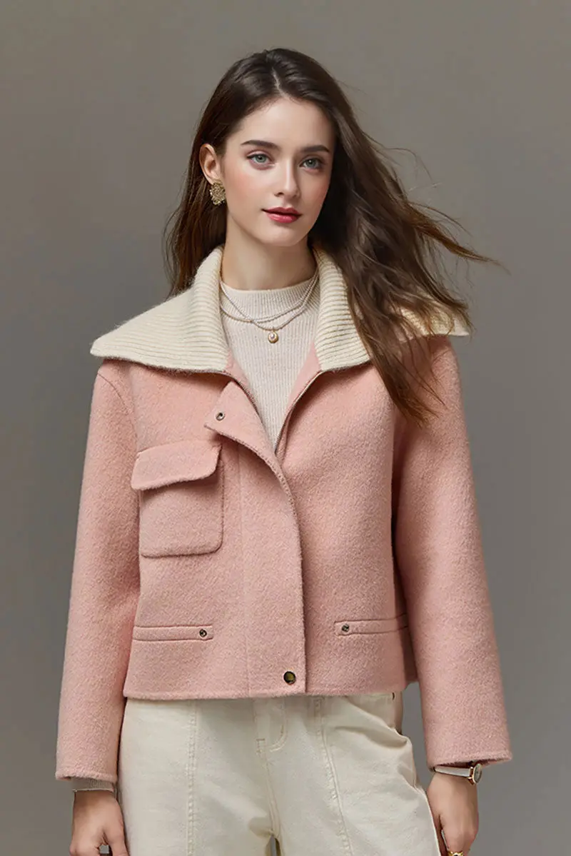 Cropped Silk-Camel Hair-Wool Blend Zip-Up Jacket with Wide Ribbed Collar - MIAOOOO
