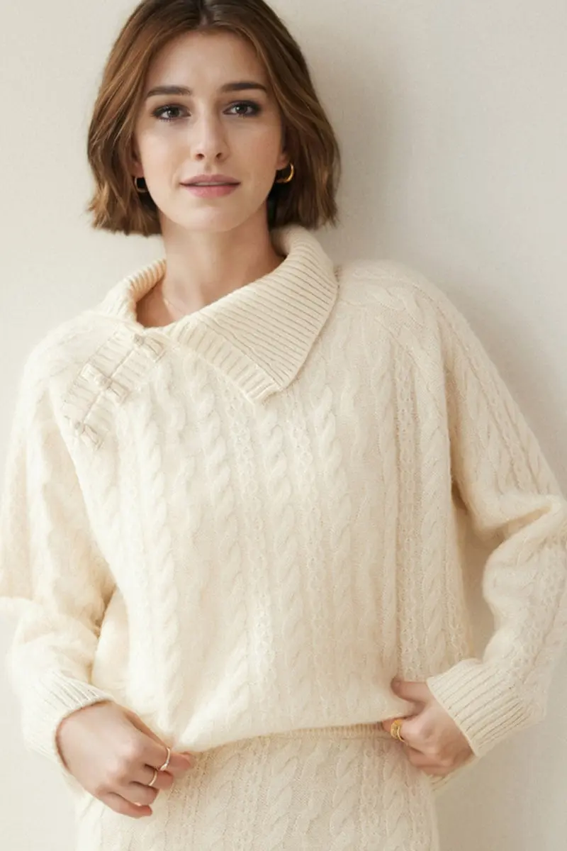 Chunky Cashmere Cable Knit Sweater with Asymmetrical Collar - MIAOOOO