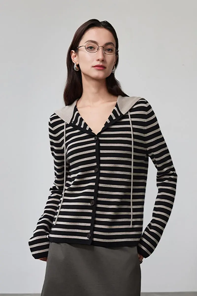 Machine Washable Merino Wool Striped Hooded Cardigan - MIAOOOO