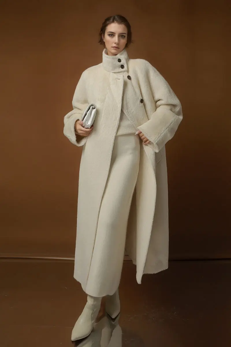 Peru Suri Alpaca & Wool Double-Faced Long Coat with Stand Collar - MIAOOOO