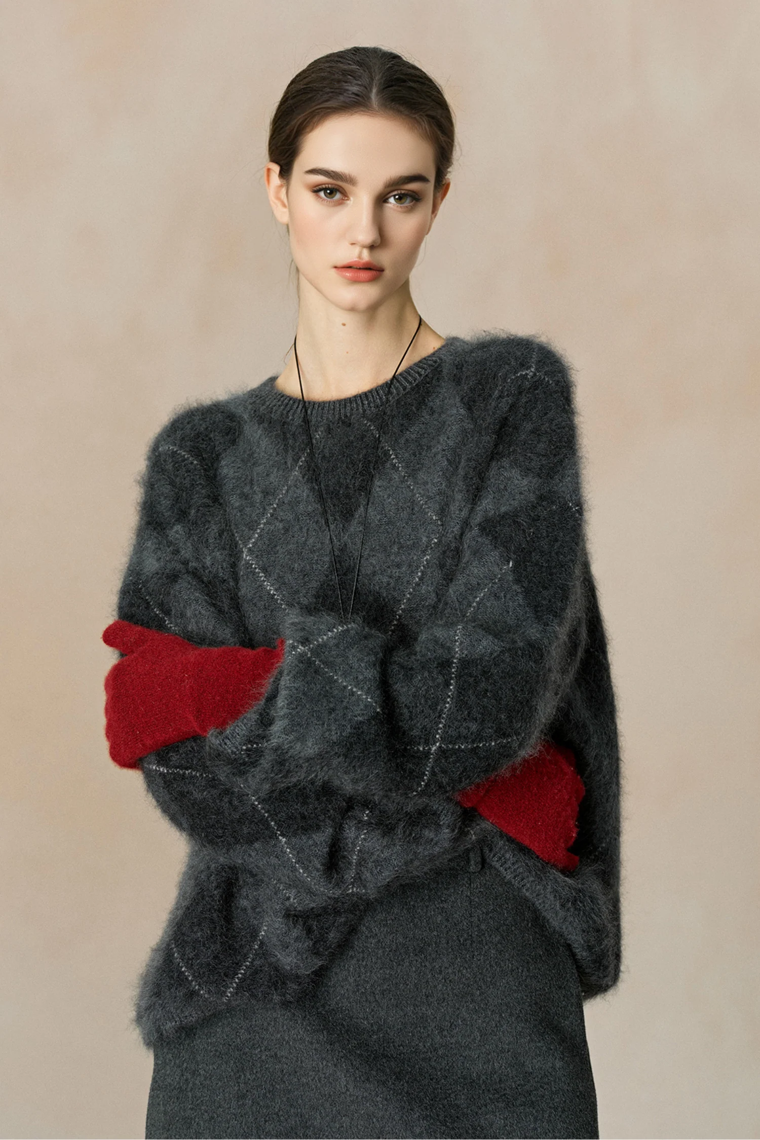 Chunky Brushed Cashmere Argyle Crewneck Sweater - MIAOOOO